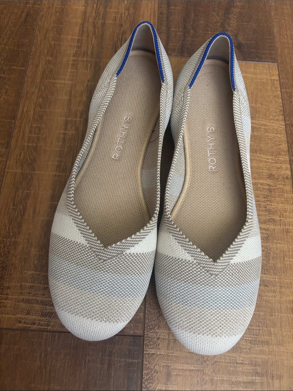Rothy's Beige and Cream Knit Ballet Flats with Blue Trim